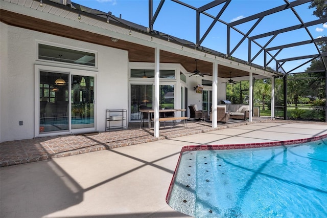 5141 Autumn Ridge Ln, Windermere, FL 34786 - swimming pool featuring a patio area, a ceiling fan, outdoor lounge area, and glass enclosure