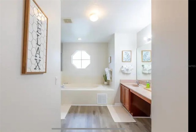 365 Aylesbury Ct, Kissimmee, FL 34758 - bathroom featuring vanity, a garden tub, and wood finished floors