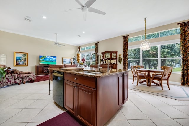 785 Hawks Blf, Clermont, FL 34711 - kitchen with black dishwasher, a ceiling fan, open floor plan, stone counters, and light tile patterned floors