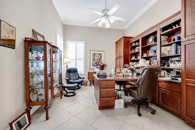 785 Hawks Blf, Clermont, FL 34711 - office featuring ornamental molding, a ceiling fan, and light tile patterned floors