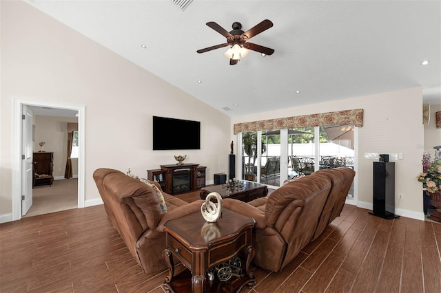 9342 Bay Vista Estates Blvd, Orlando, FL 32836 - living room featuring a ceiling fan, wood finished floors, high vaulted ceiling, a fireplace, and recessed lighting