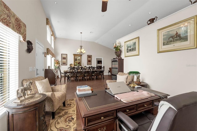 9342 Bay Vista Estates Blvd, Orlando, FL 32836 - office with vaulted ceiling, a chandelier, wood finished floors, and ceiling fan