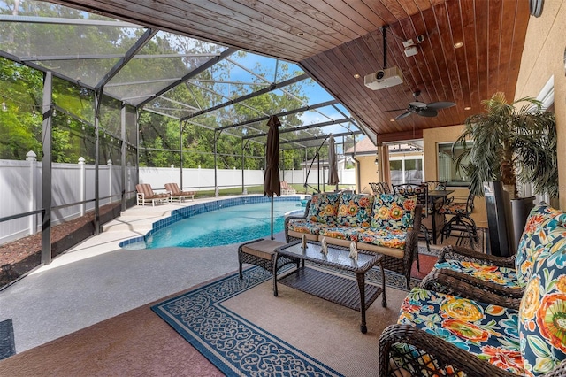 9342 Bay Vista Estates Blvd, Orlando, FL 32836 - view of swimming pool featuring a fenced backyard, a patio area, ceiling fan, and glass enclosure