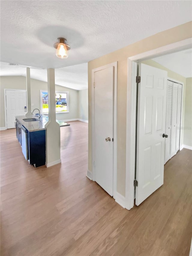 4233 Las Vegas Dr, New Port Richey, FL 34653 - hall with light wood-style flooring, a textured ceiling, and vaulted ceiling