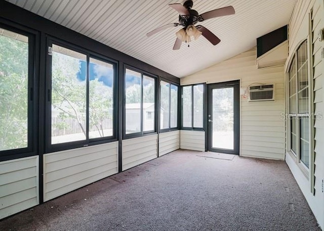 6140 SE 46th Avenue Rd, Ocala, FL 34480 - unfurnished sunroom featuring a wall mounted AC, lofted ceiling, ceiling fan, and healthy amount of natural light