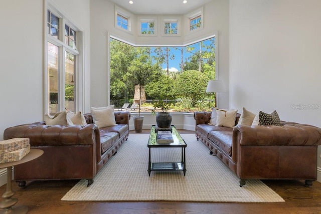 6186 Louise Cove Dr, Windermere, FL 34786 - living area featuring plenty of natural light, wood finished floors, a towering ceiling, and recessed lighting