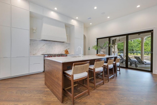6186 Louise Cove Dr, Windermere, FL 34786 - kitchen featuring modern cabinets, custom exhaust hood, arched walkways, dark wood-style flooring, and recessed lighting
