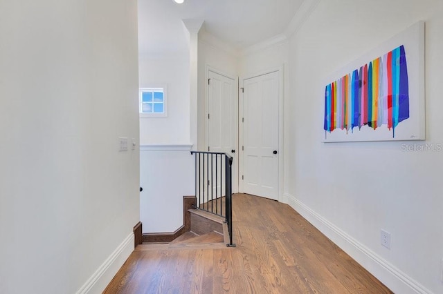 6186 Louise Cove Dr, Windermere, FL 34786 - hallway featuring wood finished floors, ornamental molding, and an upstairs landing