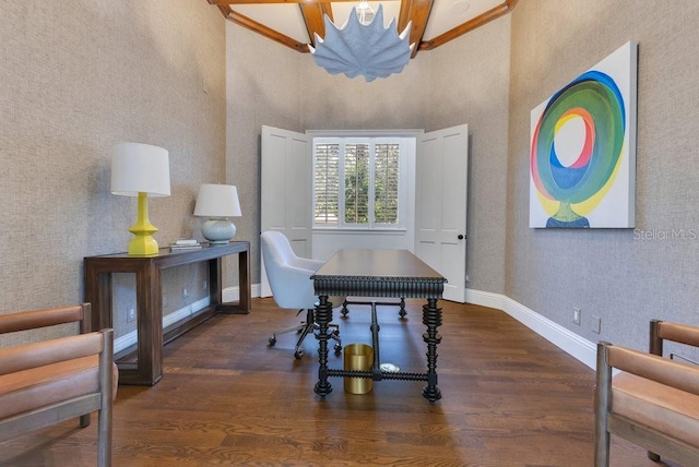6186 Louise Cove Dr, Windermere, FL 34786 - office area with wood finished floors, a high ceiling, and a chandelier