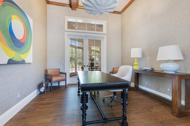 6186 Louise Cove Dr, Windermere, FL 34786 - home office with french doors, wood finished floors, a towering ceiling, and ornamental molding