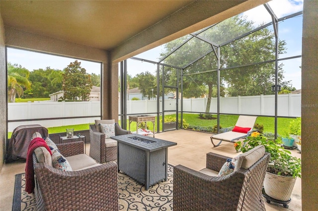 5723 Tarleton Way, Mount Dora, FL 32757 - fenced backyard featuring a patio area, an outdoor living space with a fire pit, and a lanai