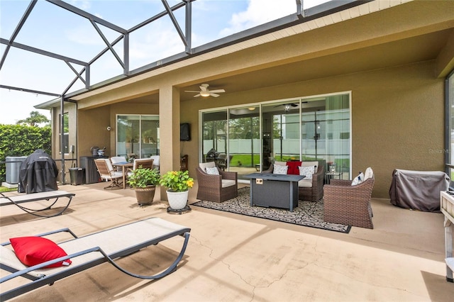 5723 Tarleton Way, Mount Dora, FL 32757 - view of patio / terrace with an outdoor hangout area, a ceiling fan, outdoor dining space, and a lanai