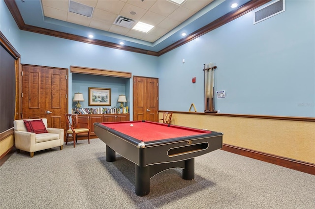 5723 Tarleton Way, Mount Dora, FL 32757 - rec room with carpet, a high ceiling, billiards, and a tray ceiling