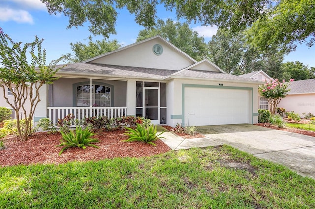 3707 Doune Way, Clermont, FL 34711 - ranch-style house with stucco siding, a garage, concrete driveway, and a porch