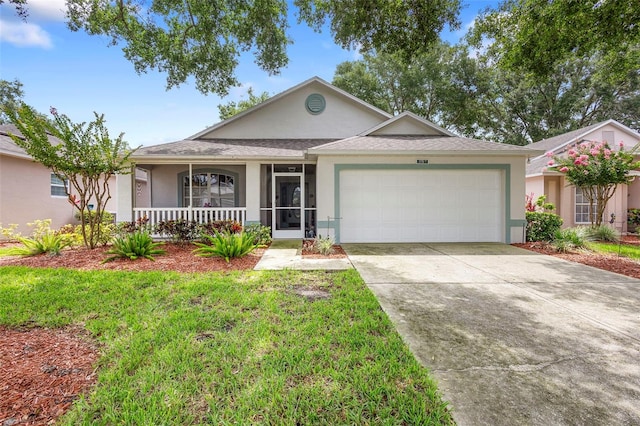 3707 Doune Way, Clermont, FL 34711 - single story home featuring stucco siding, a porch, a garage, concrete driveway, and a front yard