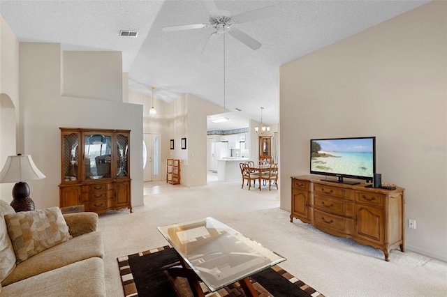 3707 Doune Way, Clermont, FL 34711 - living room featuring ceiling fan, light colored carpet, a textured ceiling, and high vaulted ceiling
