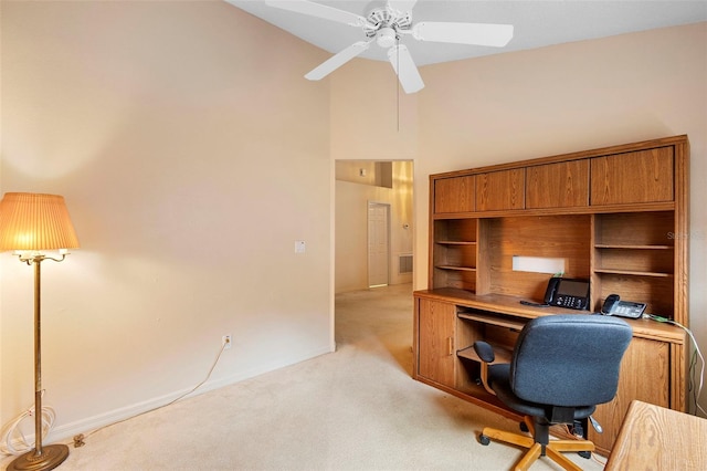 3707 Doune Way, Clermont, FL 34711 - office area featuring light colored carpet, high vaulted ceiling, and a ceiling fan