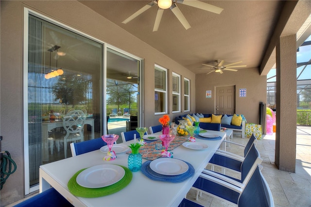 8020 Oak Shadow Ct, Davenport, FL 33837 - view of patio / terrace featuring ceiling fan, an outdoor hangout area, and outdoor dining space