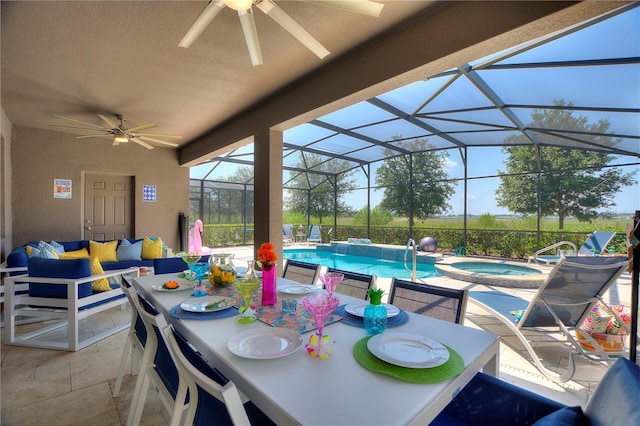 8020 Oak Shadow Ct, Davenport, FL 33837 - view of patio featuring ceiling fan, an outdoor hangout area, a pool with connected hot tub, and outdoor dining area