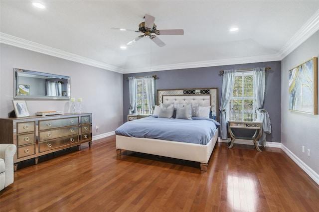 8445 Shady Glen Dr, Orlando, FL 32819 - bedroom with multiple windows, hardwood / wood-style floors, ornamental molding, a ceiling fan, and recessed lighting