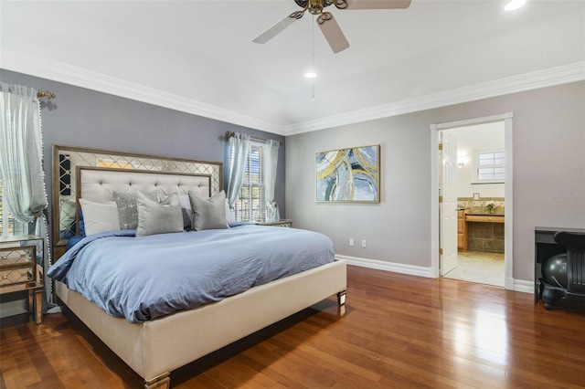 8445 Shady Glen Dr, Orlando, FL 32819 - bedroom with wood finished floors, crown molding, ensuite bathroom, and ceiling fan