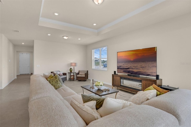 3702 Haddon Ave, Davenport, FL 33837 - living room featuring crown molding, recessed lighting, and a tray ceiling