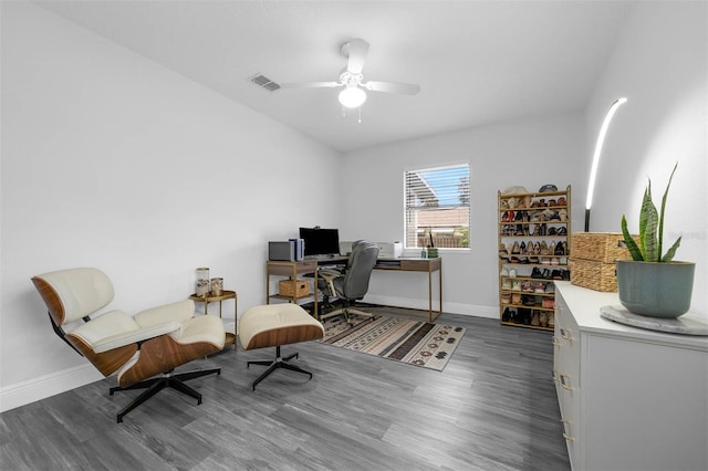 2025 Mango Tree Dr, Edgewater, FL 32141 - home office featuring wood finished floors and a ceiling fan