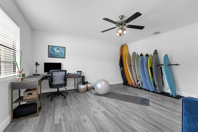 2025 Mango Tree Dr, Edgewater, FL 32141 - office area with wood finished floors, a textured ceiling, and ceiling fan
