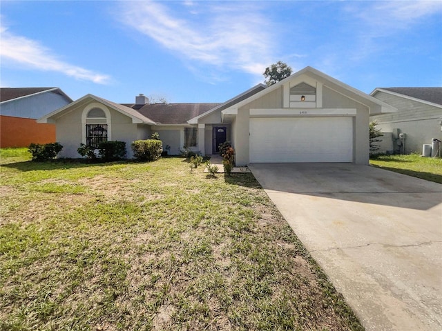 6460 Preakness Dr, Orlando, FL 32818 - ranch-style house with a garage, driveway, a front yard, a chimney, and stucco siding