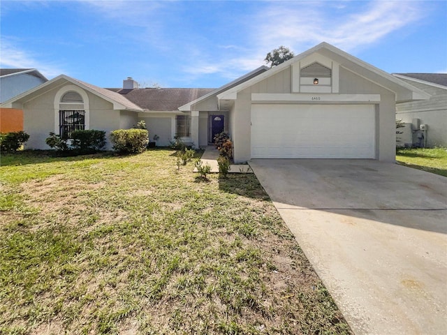 6460 Preakness Dr, Orlando, FL 32818 - ranch-style house with an attached garage, a front lawn, driveway, a chimney, and stucco siding