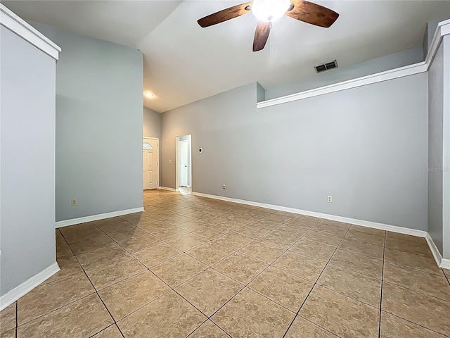 10901 Peppersong Dr, Riverview, FL 33578 - empty room with tile patterned flooring, ceiling fan, and high vaulted ceiling