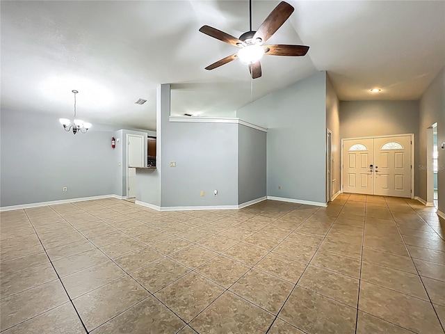 10901 Peppersong Dr, Riverview, FL 33578 - unfurnished living room with tile patterned flooring, a ceiling fan, a chandelier, lofted ceiling, and recessed lighting