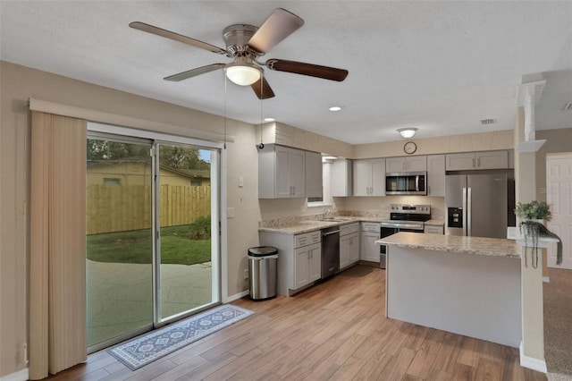 749 Ridge Blvd, South Daytona, FL 32119 - kitchen featuring stainless steel appliances, gray cabinets, light wood-style flooring, and ceiling fan