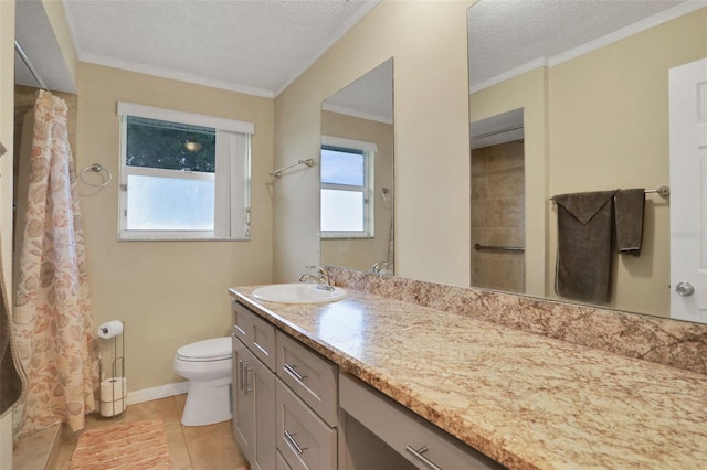 749 Ridge Blvd, South Daytona, FL 32119 - full bathroom with vanity, a shower with shower curtain, ornamental molding, tile patterned flooring, and a textured ceiling