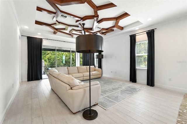 15315 Gilligan Ct, Winter Garden, FL 34787 - living room with healthy amount of natural light, coffered ceiling, light wood-type flooring, beam ceiling, and recessed lighting
