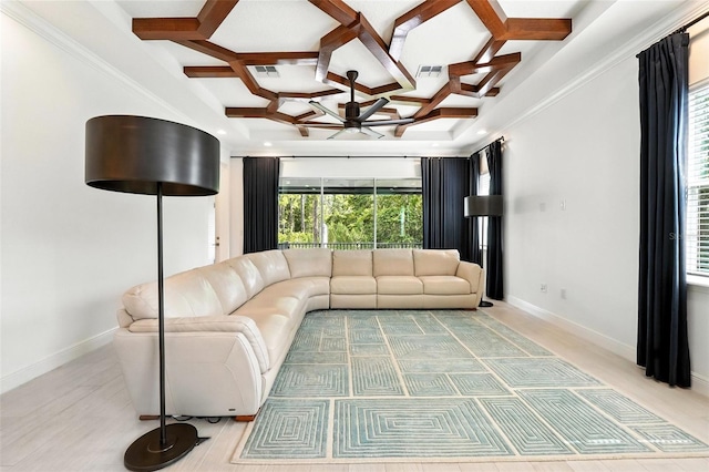 15315 Gilligan Ct, Winter Garden, FL 34787 - living area with coffered ceiling, a ceiling fan, and beamed ceiling