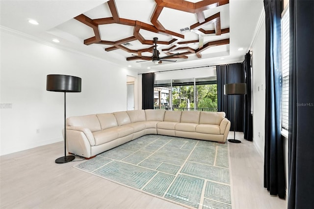 15315 Gilligan Ct, Winter Garden, FL 34787 - living room featuring coffered ceiling, light wood finished floors, crown molding, recessed lighting, and beamed ceiling
