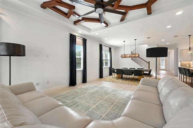 15315 Gilligan Ct, Winter Garden, FL 34787 - living room featuring ceiling fan, recessed lighting, stairs, and ornamental molding