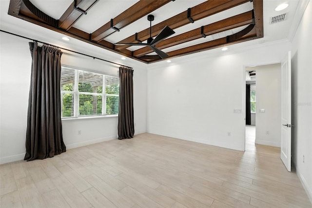 15315 Gilligan Ct, Winter Garden, FL 34787 - empty room featuring a ceiling fan, coffered ceiling, beamed ceiling, light wood-style flooring, and ornamental molding