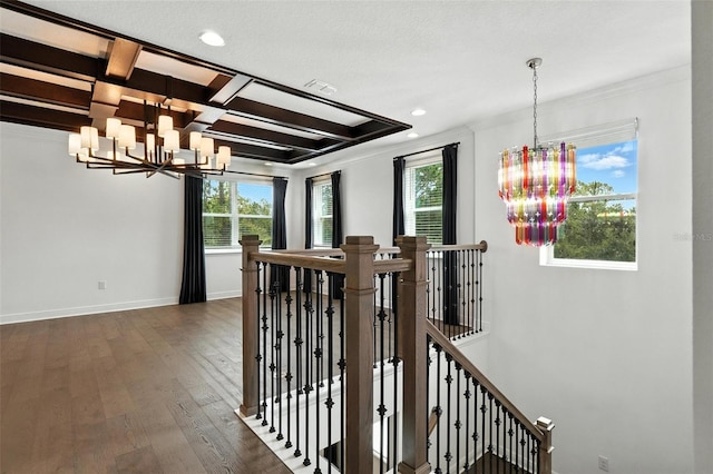 15315 Gilligan Ct, Winter Garden, FL 34787 - hallway with a chandelier, an upstairs landing, wood finished floors, plenty of natural light, and coffered ceiling
