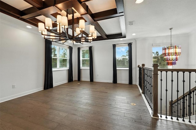 15315 Gilligan Ct, Winter Garden, FL 34787 - unfurnished room with a chandelier, coffered ceiling, plenty of natural light, hardwood / wood-style flooring, and recessed lighting
