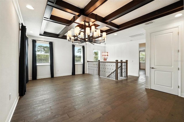 15315 Gilligan Ct, Winter Garden, FL 34787 - empty room featuring a chandelier, healthy amount of natural light, beam ceiling, coffered ceiling, and dark wood-style floors
