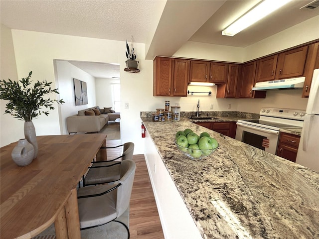kitchen with white electric range, under cabinet range hood, wood finished floors, stone countertops, and brown cabinets
