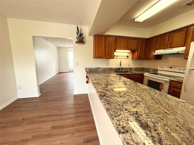 kitchen featuring white electric range oven, under cabinet range hood, wood finished floors, dark stone counters, and brown cabinets