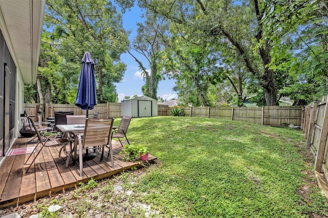 4636 Piedmont St, Orlando, FL 32811 - fenced backyard featuring outdoor dining space, a shed, and a wooden deck