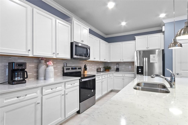 2026 Lelani Cir, Davenport, FL 33897 - kitchen with appliances with stainless steel finishes, white cabinetry, crown molding, decorative backsplash, and light stone countertops