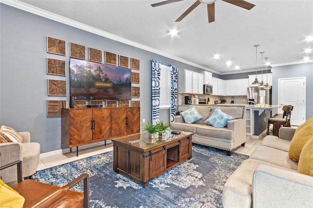2026 Lelani Cir, Davenport, FL 33897 - tiled living area with ornamental molding, a ceiling fan, and recessed lighting