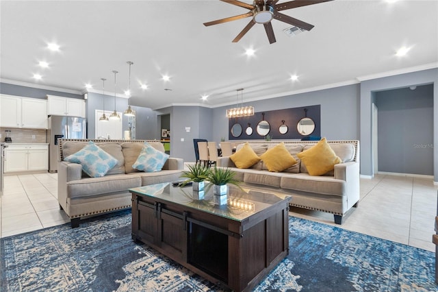 2026 Lelani Cir, Davenport, FL 33897 - living room featuring light tile patterned floors, a ceiling fan, recessed lighting, and crown molding