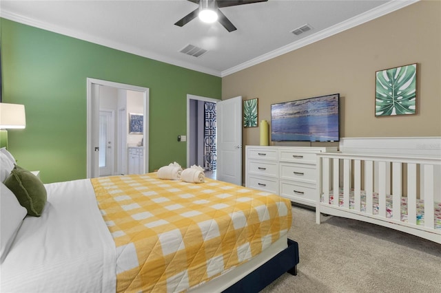 2026 Lelani Cir, Davenport, FL 33897 - carpeted bedroom with crown molding, ceiling fan, and connected bathroom