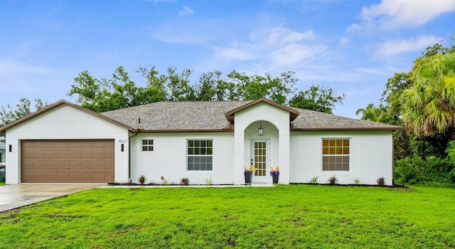 4527 Bamonte St, North Port, FL 34286 - ranch-style house with a garage, concrete driveway, a front lawn, stucco siding, and a shingled roof